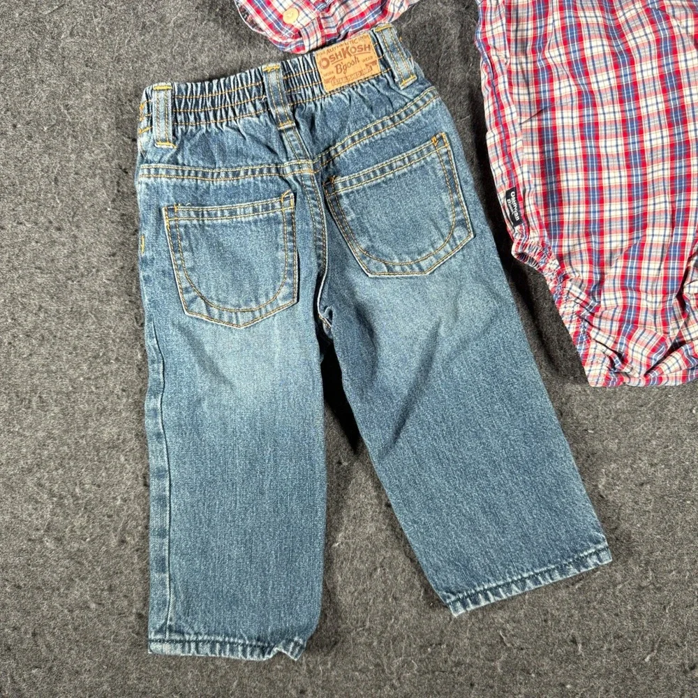 OshKosh Bgosh Baby Boys 12M Plaid Bodysuit and Denim Jeans 2pc Outfit Set